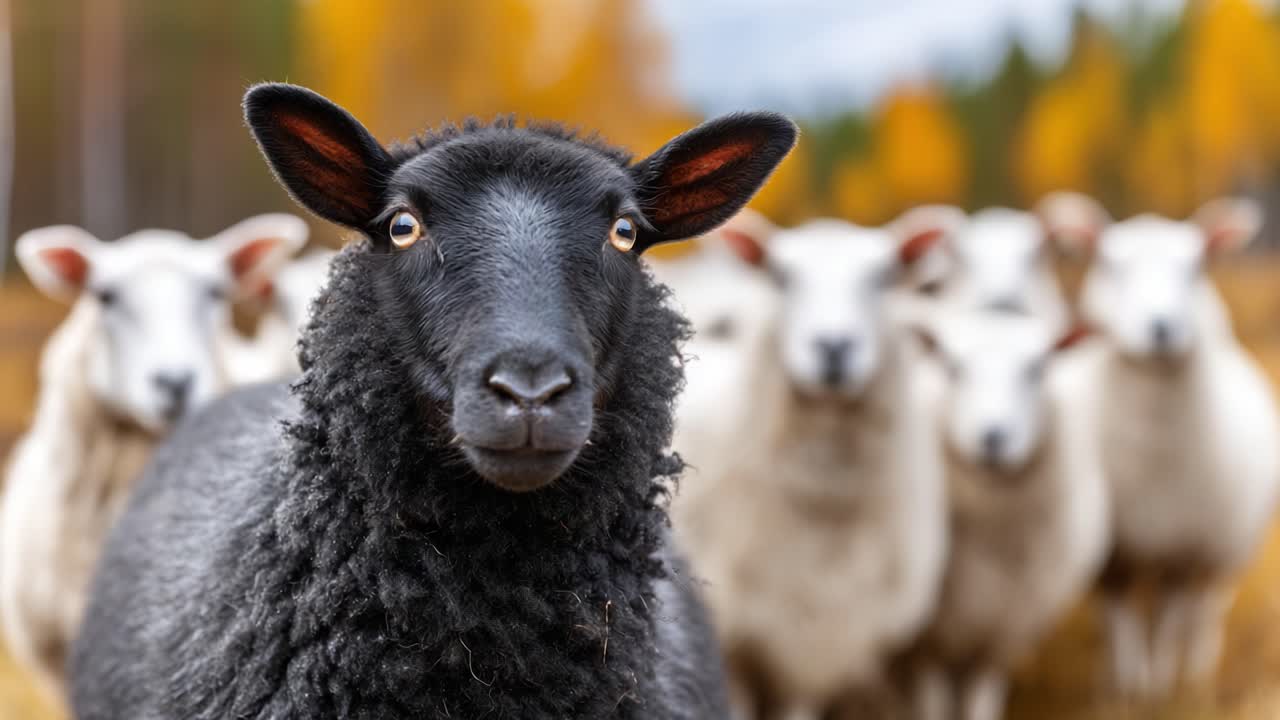 A Group of Sheep with a Prominent Black Sheep in the Foreground, Capturing the Essence of Farm Life and the Beauty of Nature in Autumn