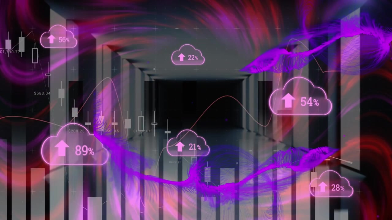 Animation of digital clouds with percent changing and data processing with purple connections