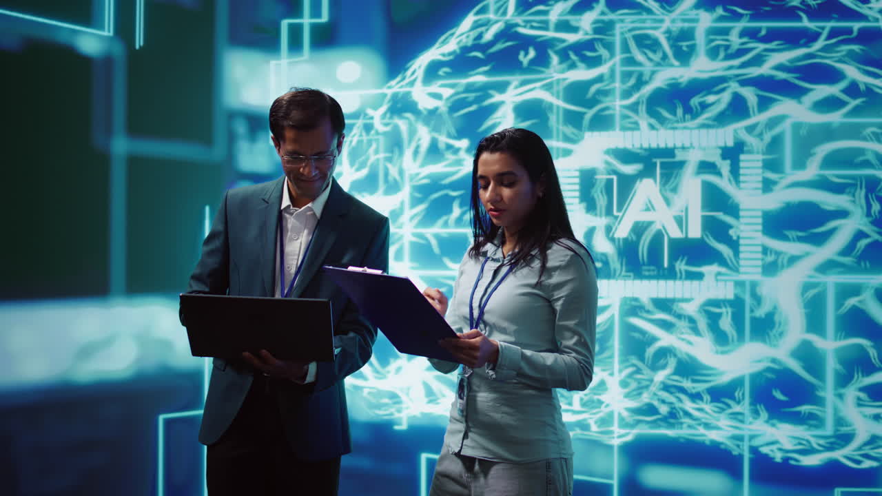 Computer scientists collaborating on developing AI system in high tech workspace