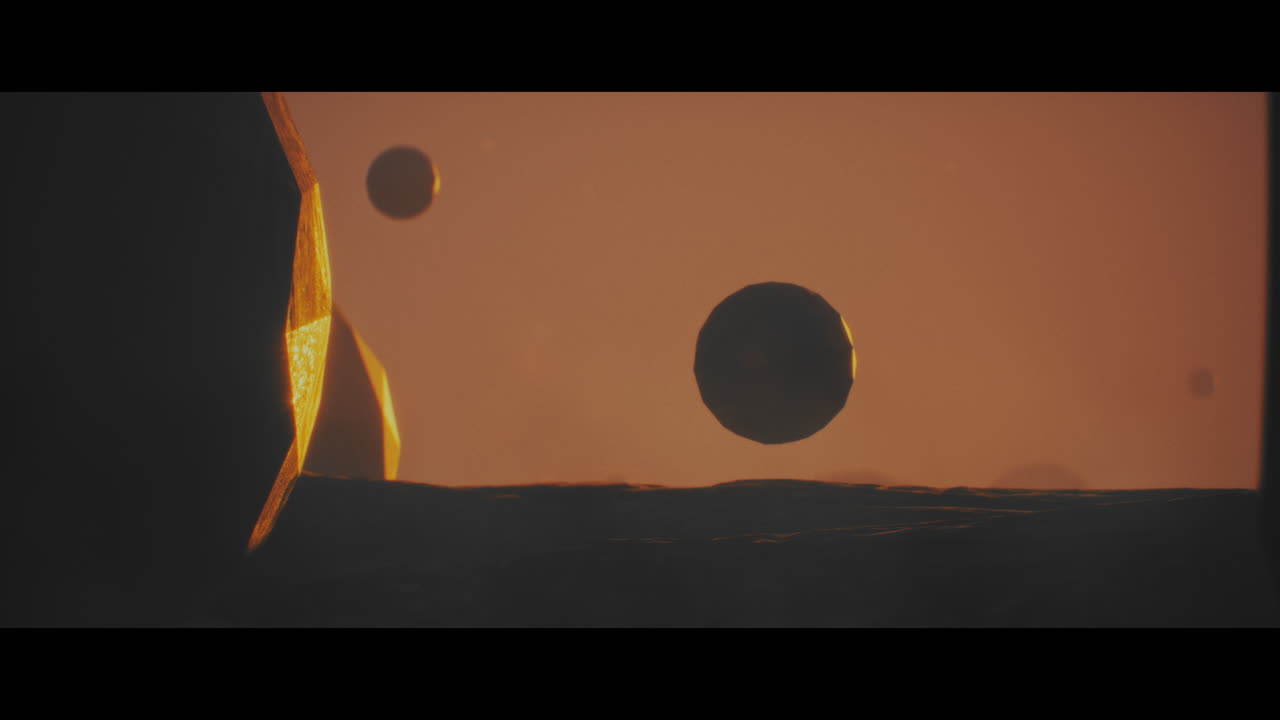 Alien planet desert landscape during sunset with strange sphere-shaped buildings