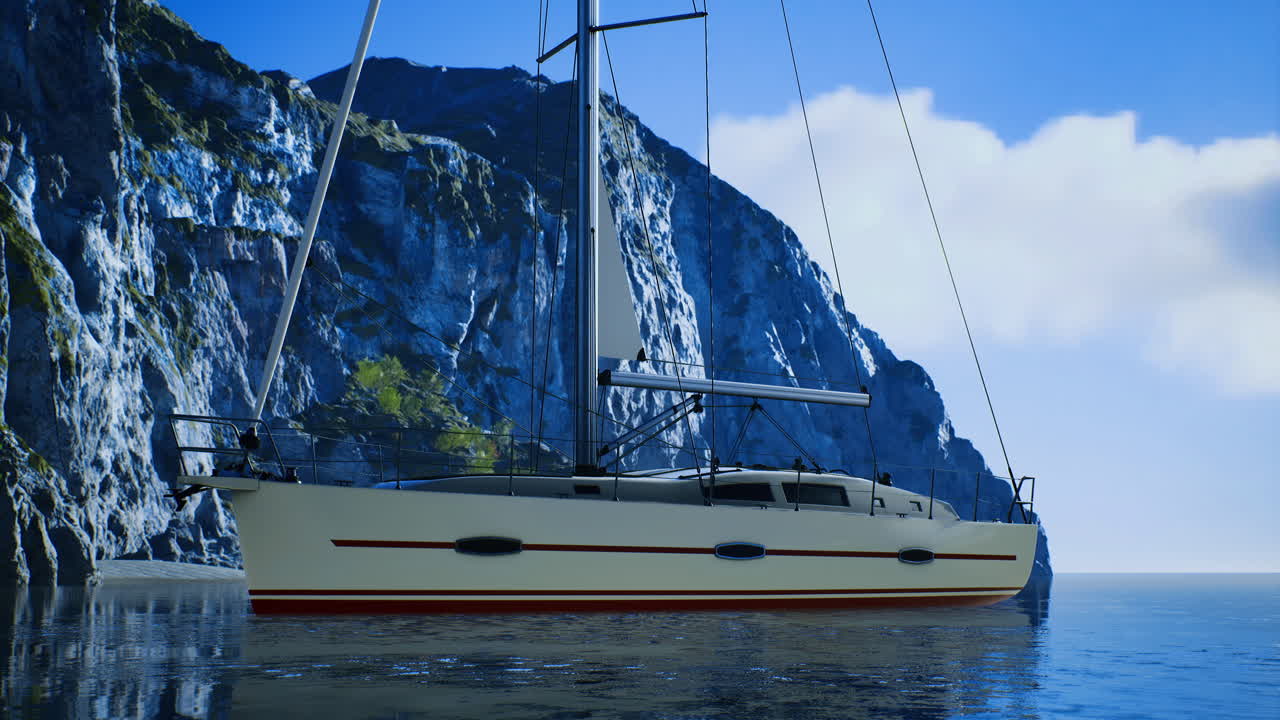 Sailboat anchored near rocky cliffs during clear sunny day