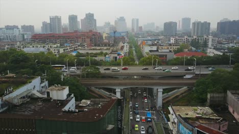 china day time wuhan cityscape traffic road junction aerial top view 4k