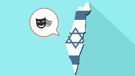 animation of a long shadow israel map with its flag and a comic balloon with a happy theater masks