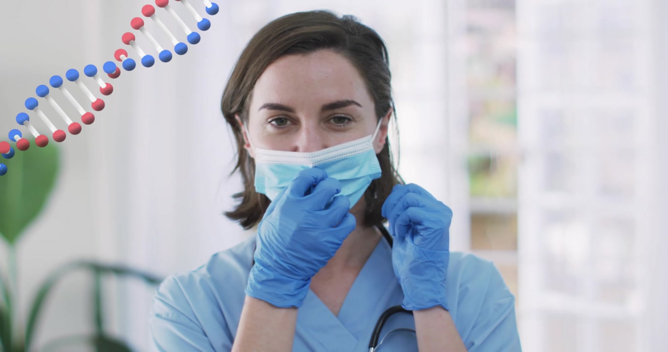 Clinician testing glove fit, removing mask, smiling in health clinic with floating DNA helix