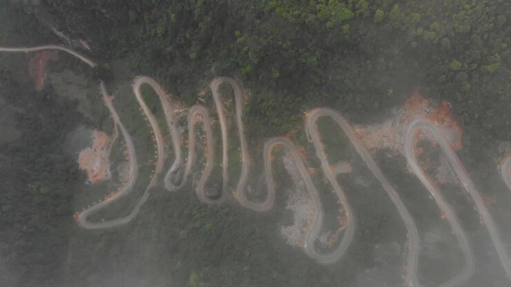 Aerial view of Khau Coc Cha Mountain Pass sharp hairpins Cao bang Vietnam