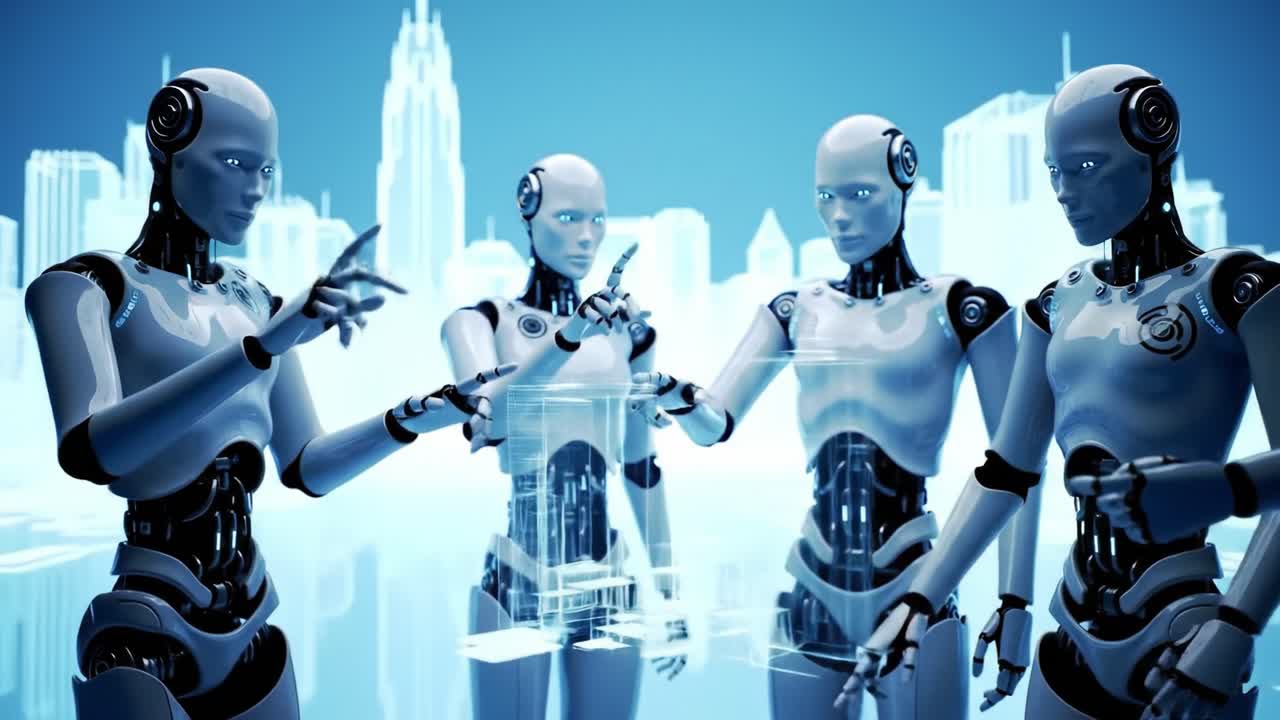 Four humanoid robots interact in a serene urban setting, demonstrating advanced teamwork and problem-solving abilities. They are engaged in creating technology together.