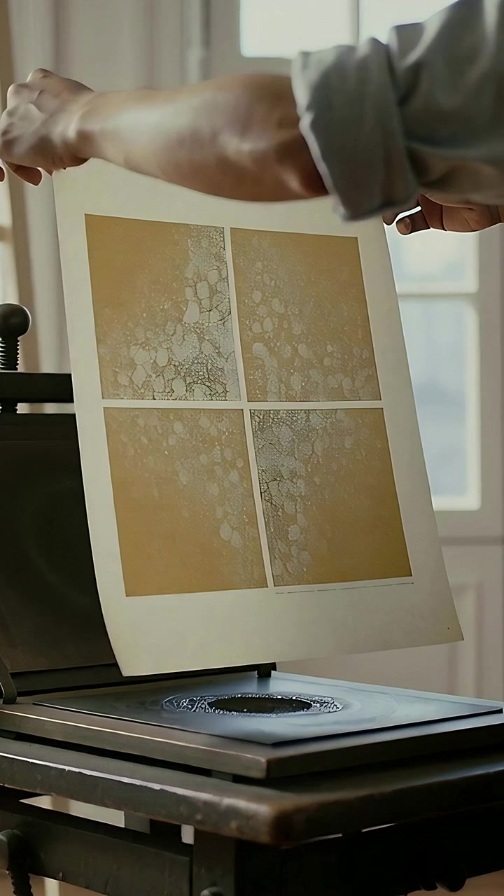 Video verticale: Artista che si avvicina alla pressa, con le maniche rimboccate, mentre solleva una stampa a 4 pannelli in studio