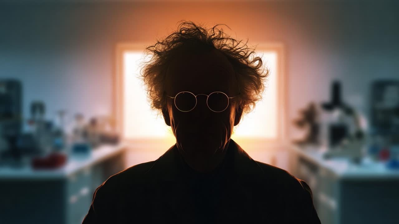 Uno scienziato eccentrico in controluce davanti alla finestra illuminata di un laboratorio, con capelli ribelli e occhiali tondi, che cattura un momento di intensa creatività