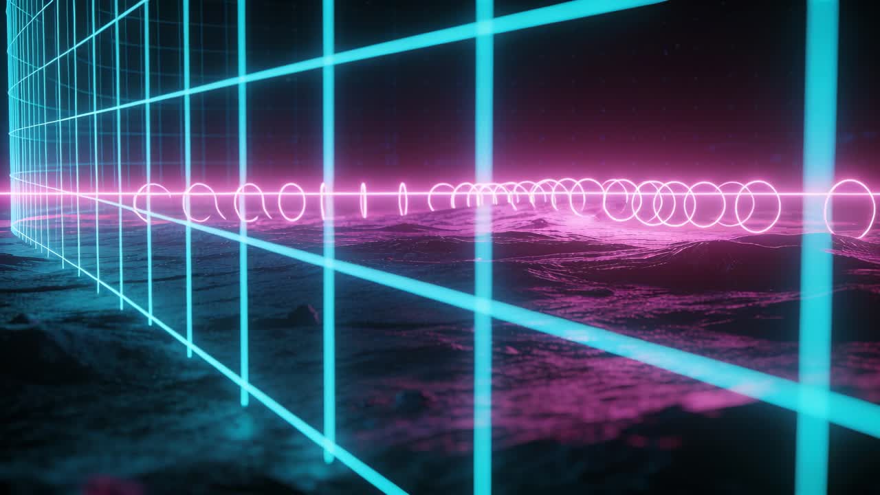 Framing cyan grid defining left view at neon sea, magenta rings moving, lighting glow, copy space