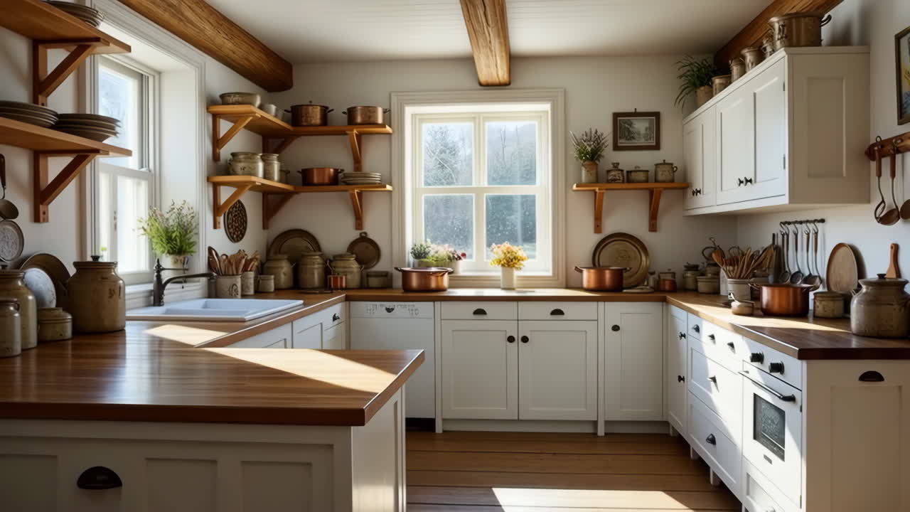 Una cucina rustica di campagna luminosa e accogliente con dettagli in legno