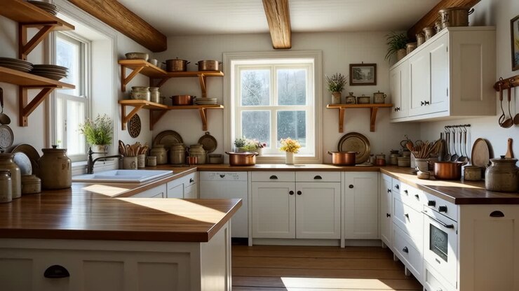 Una cucina rustica di campagna luminosa e accogliente con dettagli in legno