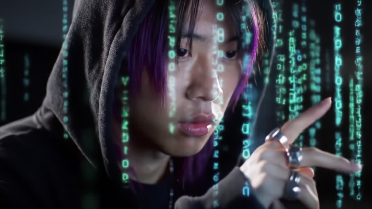 A Focused Individual Analyzing Digital Code in a Dark Environment, Surrounded by Streams of Binary Data Representing the Intricacies of Modern Technology