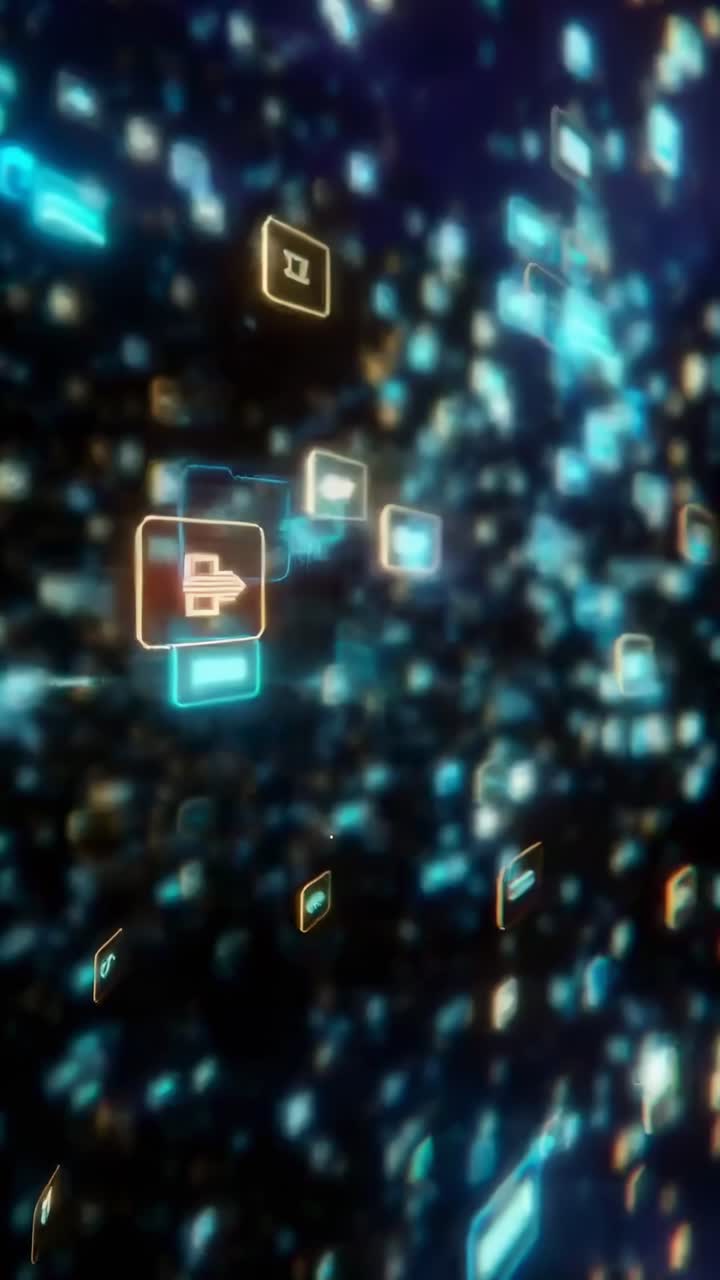 Dynamic video of glowing digital icons in a futuristic style, captured from a side angle