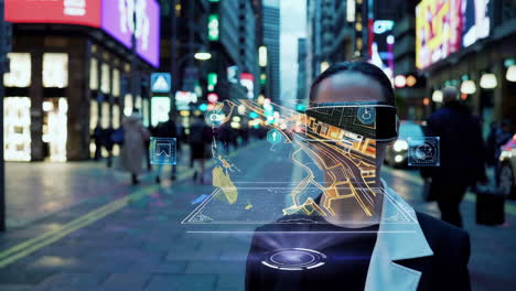 woman using ar/vr navigation in a city