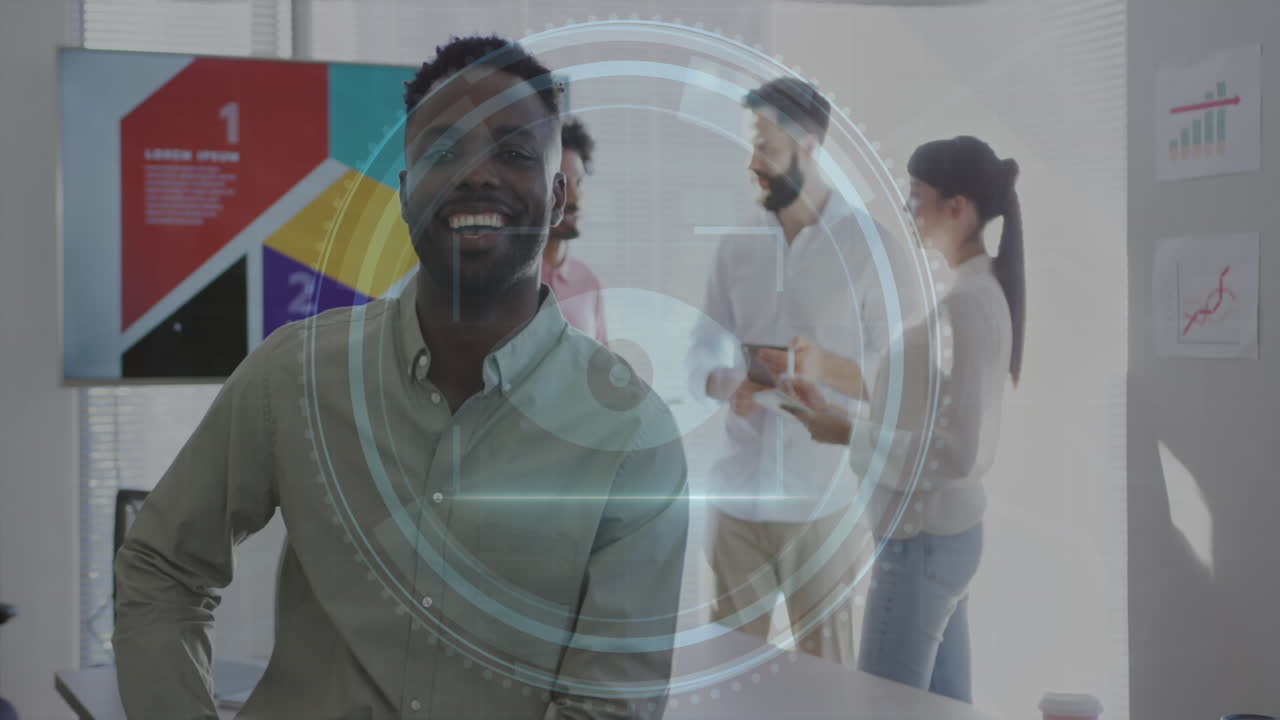 Animation of scope scanning with cyber security text over diverse business people working at office