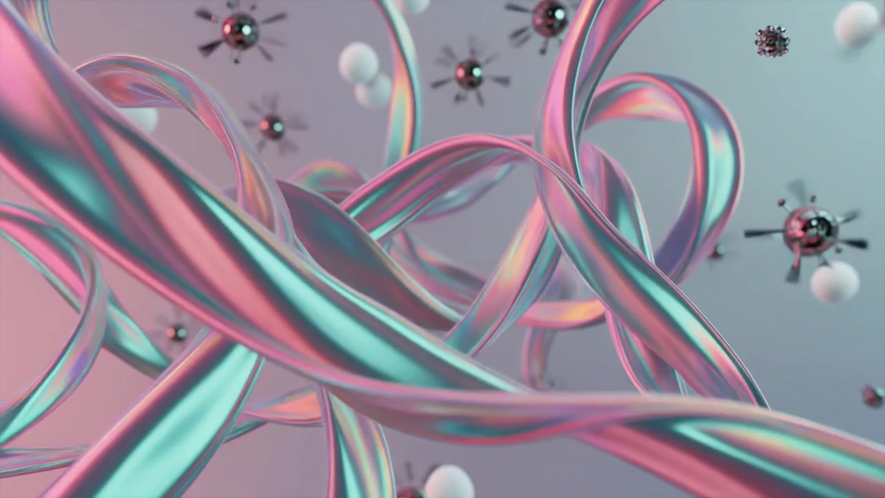 Animazione 3D astratta di sfere metalliche e nastri iridescenti fluttuanti