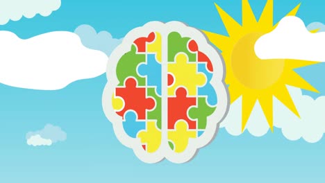 animation of red, green, blue and yellow puzzle pieces forming human brain with sun on blue sky