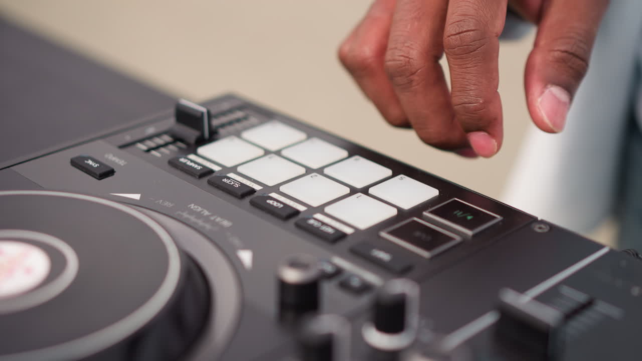 Närbild på svarta händer på DJ-kontrollerplattor, som tränar precis finger-trumning och mixning i en intim studiomiljö, med varm belysning, taktilt fokus på plattorna och crossfadern, uppmärksam producent.