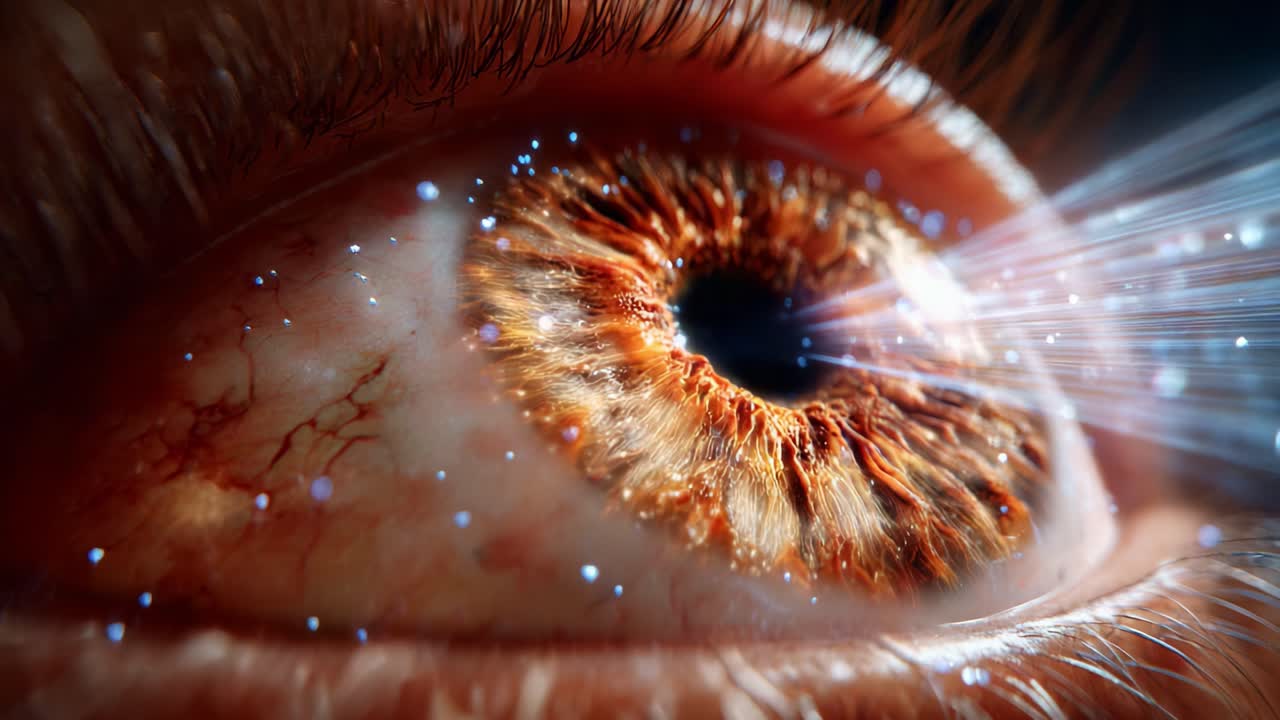 A Stunning Close-Up of an Eye Capturing Dynamic Light Particles, Showcasing Intricate Iris Details with Vibrant Colors and an Enigmatic Optical Phenomenon