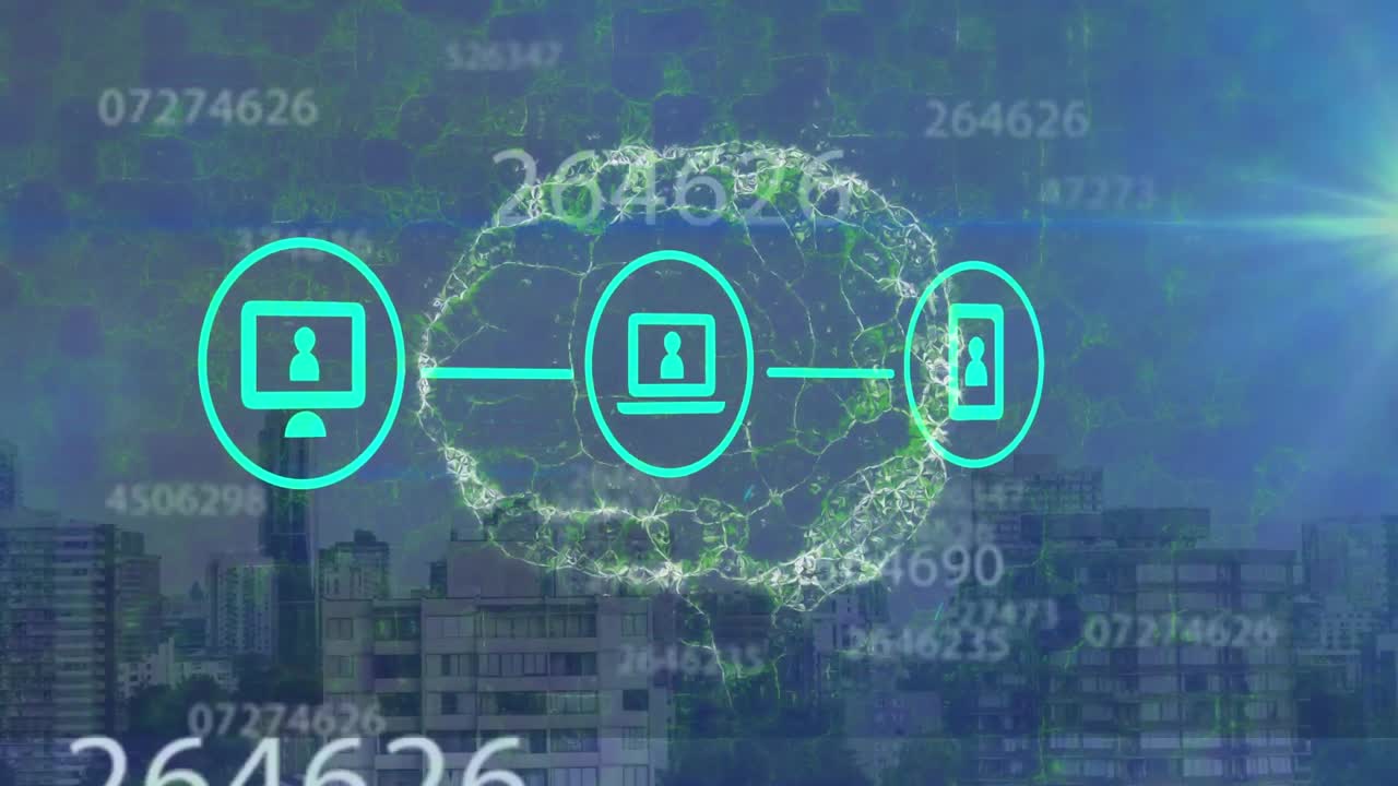 animación del cerebro con iconos y procesamiento de datos sobre el paisaje urbano