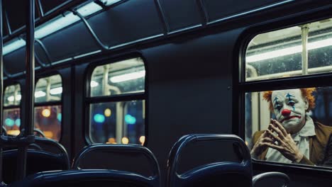 sad clown on a night bus