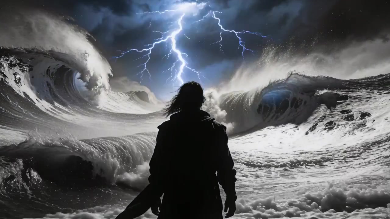 Figura adulta in piedi che indossa un lungo cappotto, di fronte a una tempesta sulla riva, con fulmini che colpiscono e onde a spirale