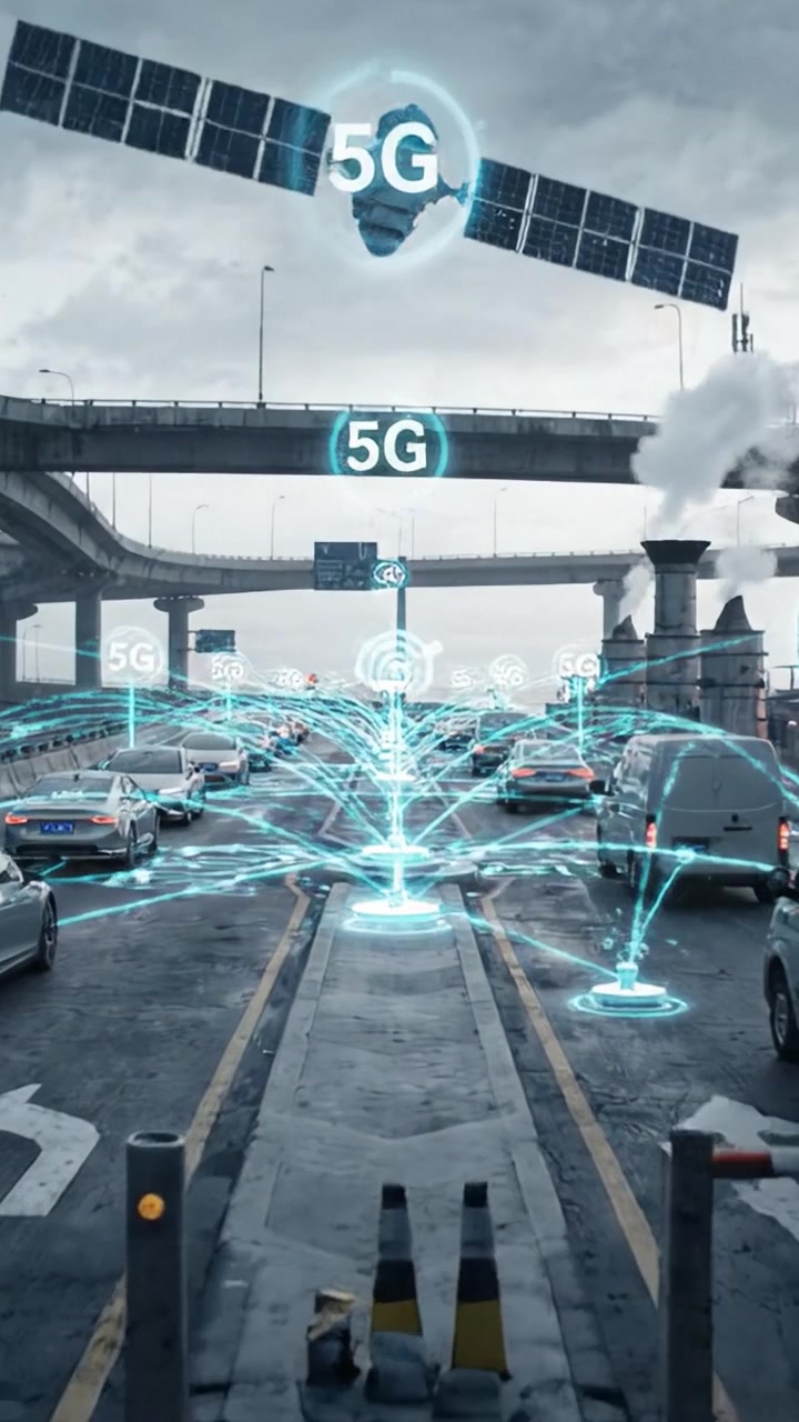 Scena urbana futuristica caratterizzata da tecnologia avanzata, veicoli e reti di comunicazione in un'area ad alto traffico con elementi meteorologici dinamici.