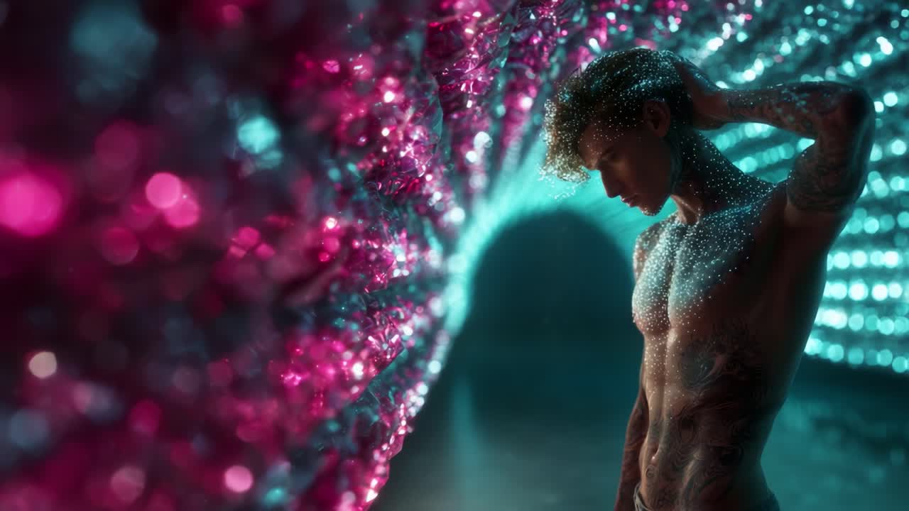 Un’immagine affascinante ed eterea raffigurante una figura maschile scolpita, adornata da particelle scintillanti, posta all'interno di un tunnel ipnotico di luci e colori vibranti, che cattura la fusione tra arte e forma umana.