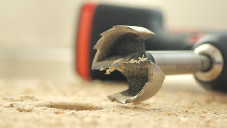close-up of a forstner drill bit with sawdust on wood