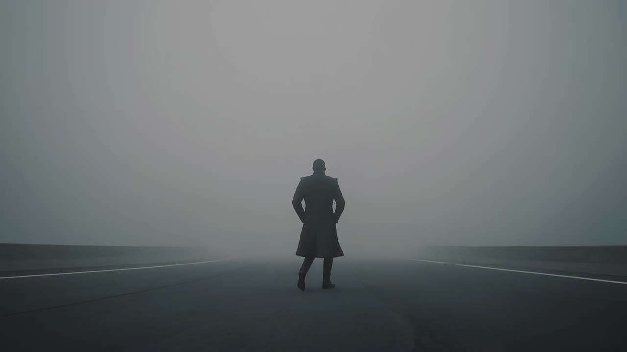 Lone Figure Walking into Heavy Fog