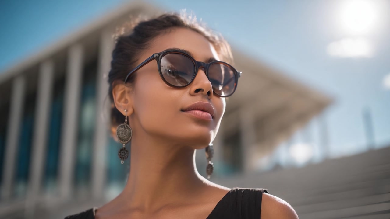 Een modieuze vrouw met zonnebril en oorbellen staat zelfverzekerd tegen een moderne architectonische achtergrond, toont elegantie en stijl in een heldere sfeer.