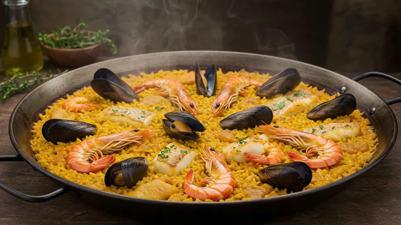 A Luscious Seafood Paella with Succulent Shrimp, Tender Fish, and Fresh Mussels Delicately Arranged Over Saffron-infused Rice, Perfect for Gourmet Dining Experiences