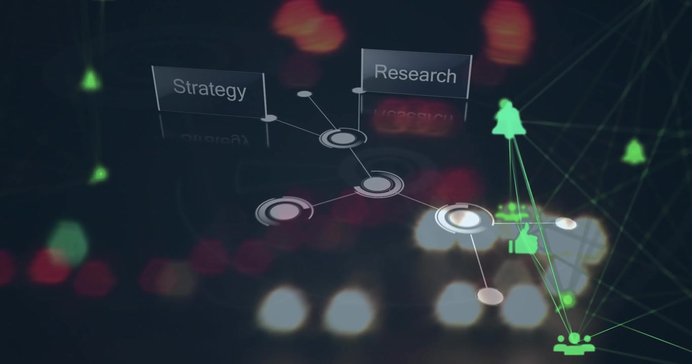 Animación de procesamiento de datos y red de conexiones sobre fondo oscuro