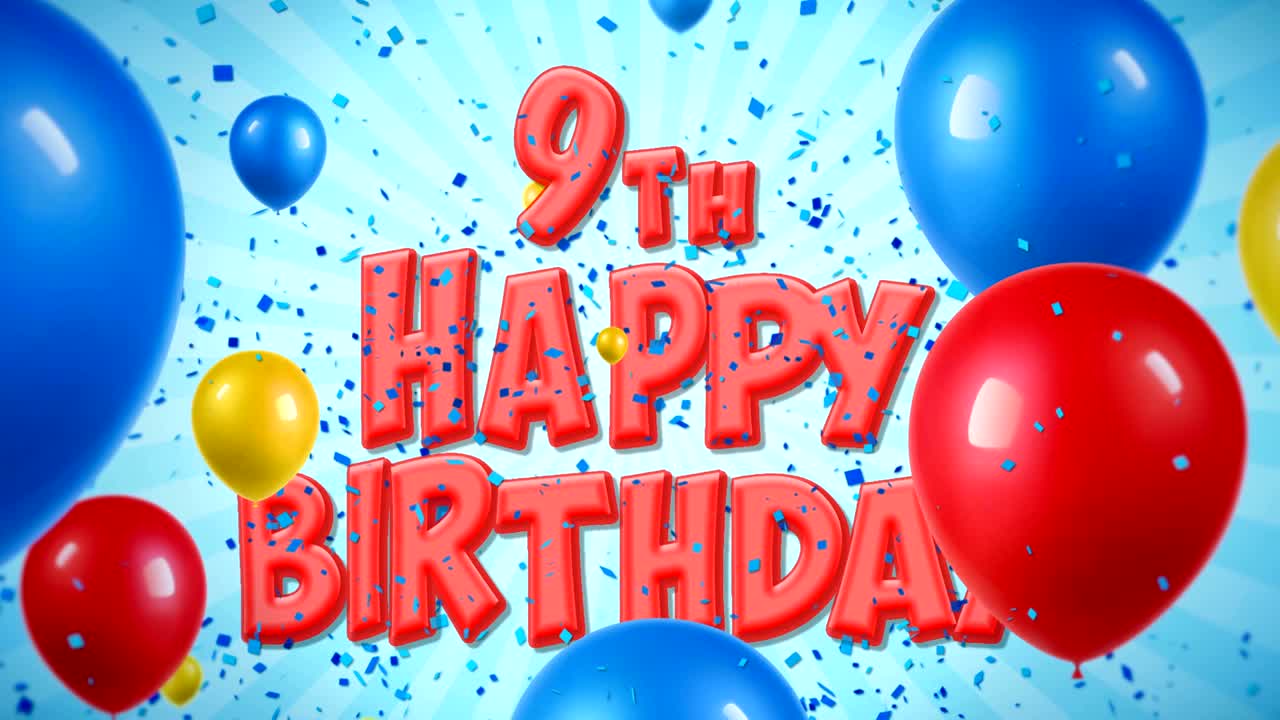 el texto rojo de feliz noveno cumpleaños aparece en las explosiones de confeti popper que caen y las partículas de brillo, los coloridos globos voladores, la animación de bucle sin fisuras para los deseos, el saludo, la fiesta, la invitación, la tarjeta.