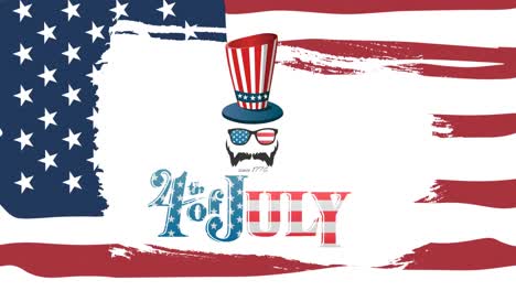 Animation-of-4th-of-july-text-with-top-hat-and-face-over-american-flag