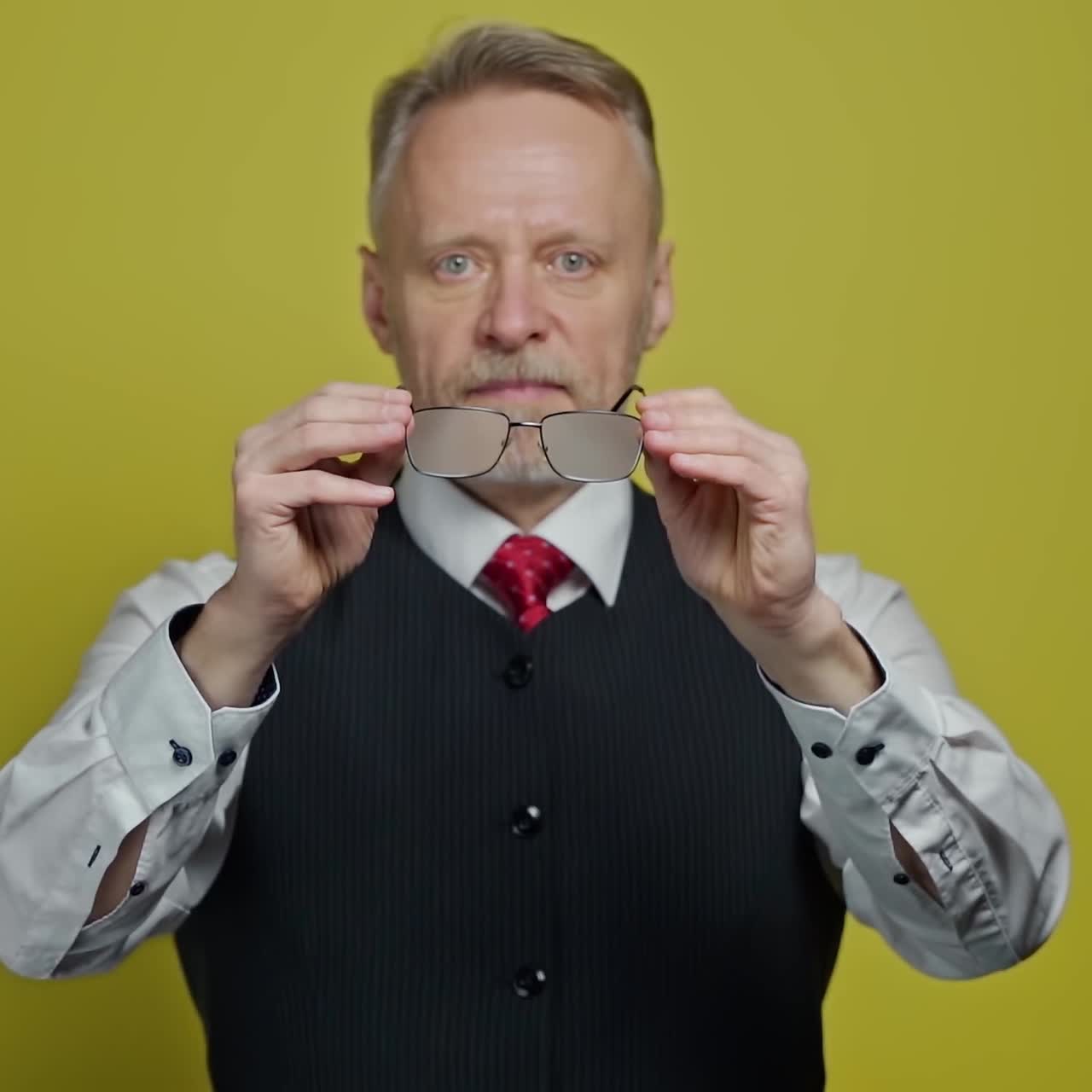 Senior man holding eyeglasses in front of himself. Magnifying glasses in man's hands showing big funny eyes of an old man. Slow motion.