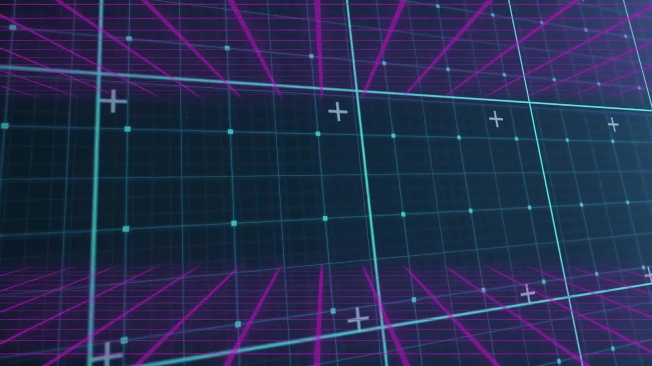 on start camera tilting upward, panning left then right through neon wireframe grid conveying sweep