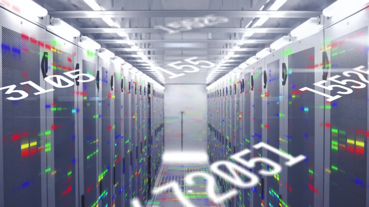 Rows of servers in data center with floating numbers animation