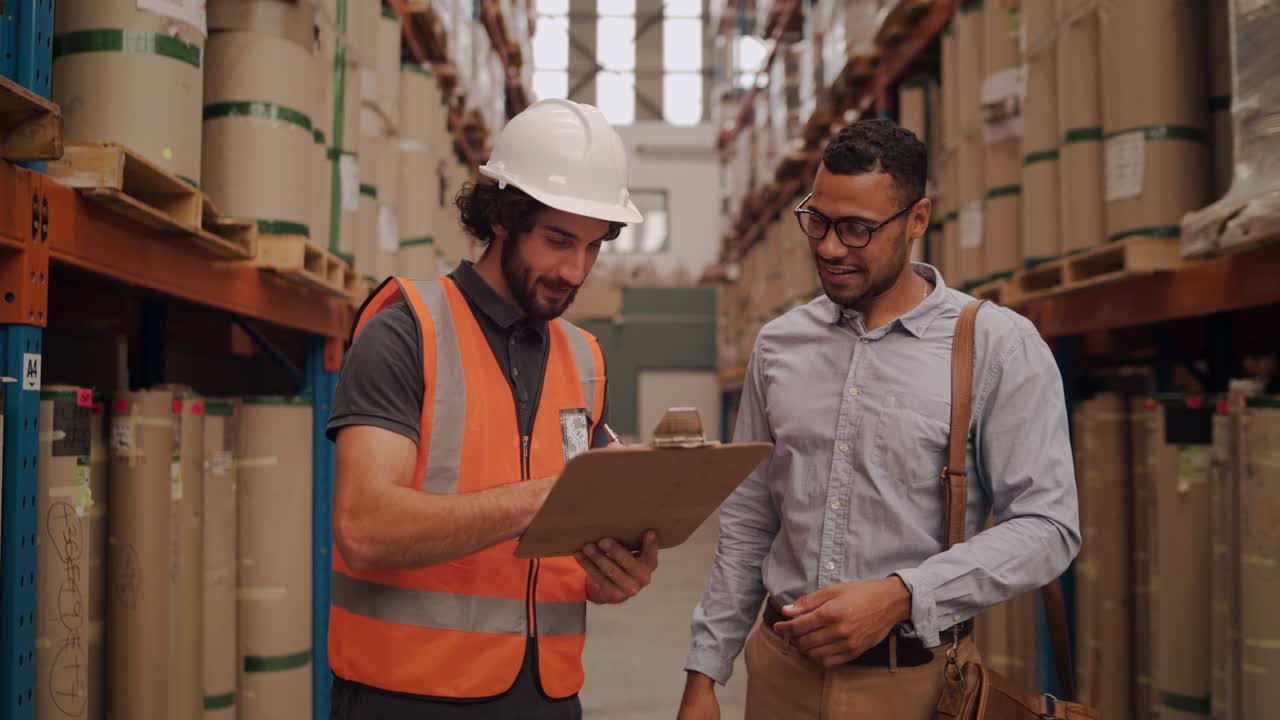 retrato de un joven trabajador logístico de la fábrica firmando papeles en el clipboard de pie con una persona de negocios en el almacén