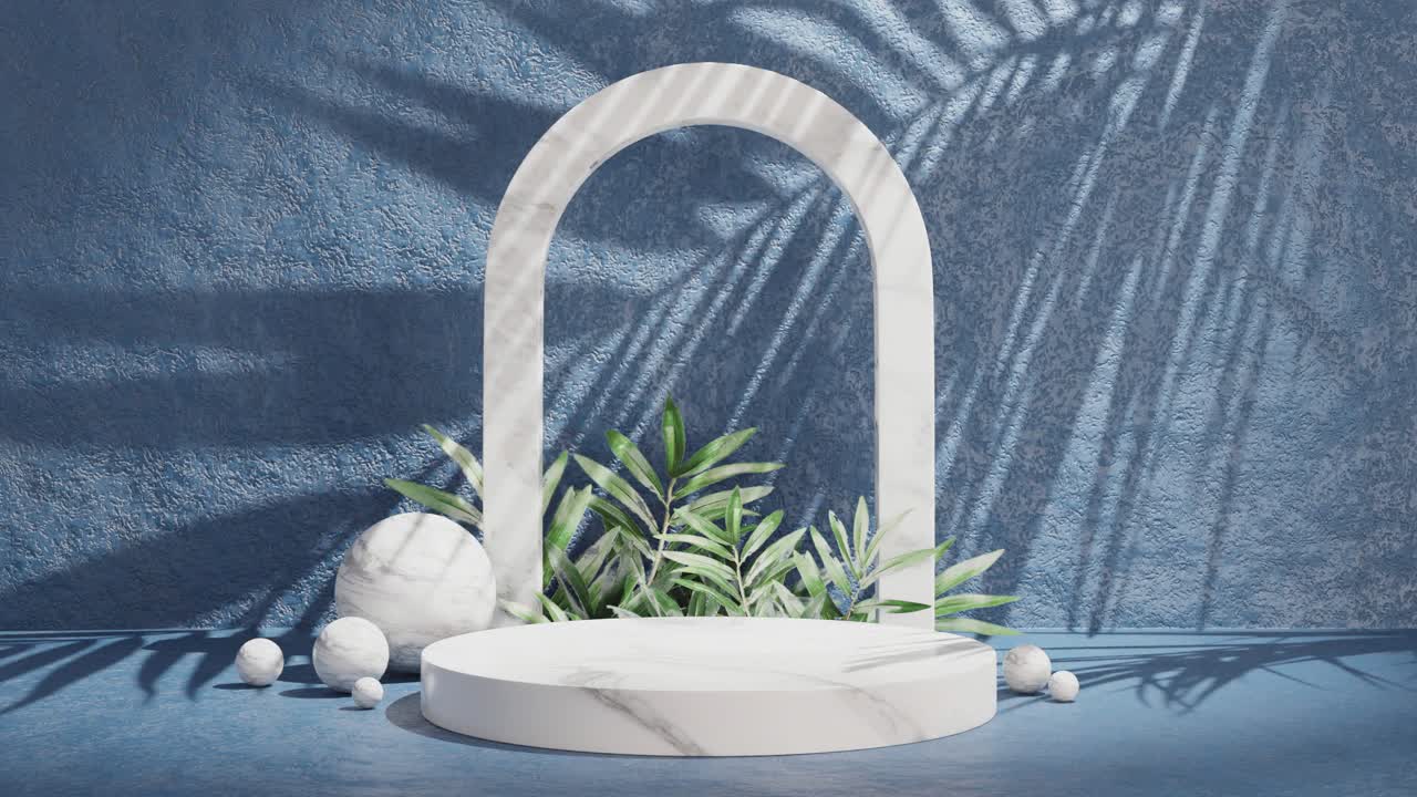 참나무 잎 그림자, 회색 파란색 텍스처 배경과 함께 대리석 아치 플랫폼 공