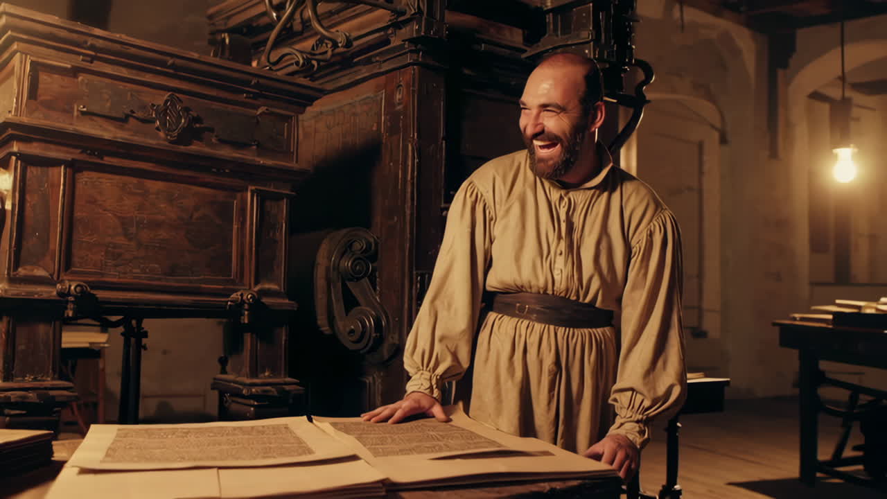 Historical Printing Press and Scholar