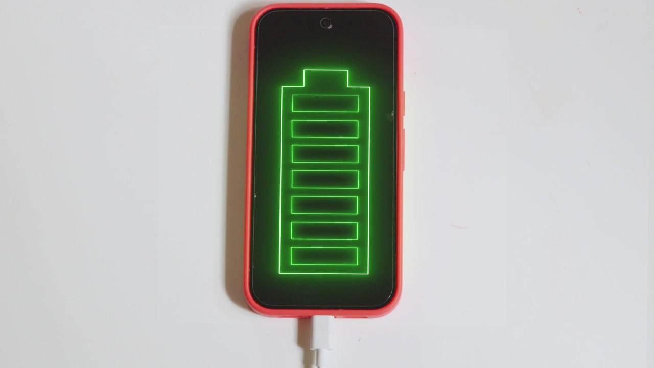 Top-down optagelse af en moderne smartphone med glødende grønt batteriikon, der ligger på et skrivebord, tilsluttet og oplader. Perfekt til teknologi, produktivitet og hverdags livsstilsindhold