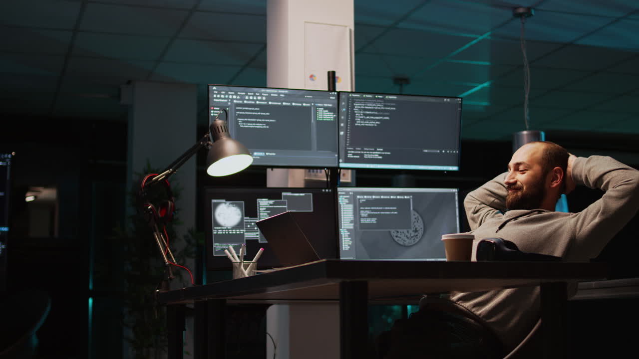 Man working on computer programming in office