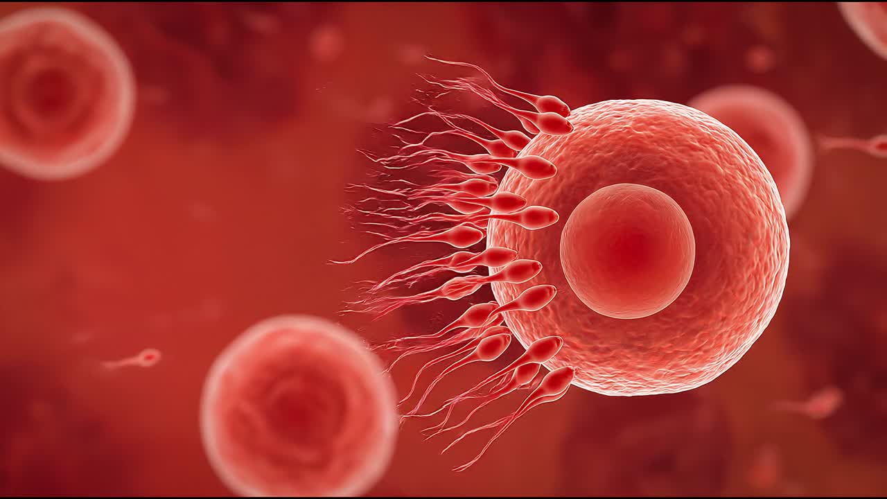 Sperm cells swimming toward human egg cell in microscopic reproductive fertilization concept animation