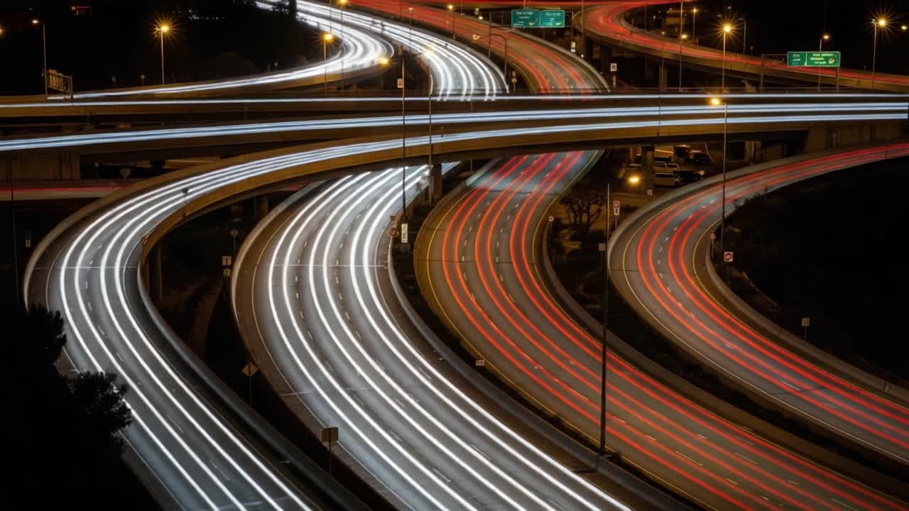 Highway Interchange at Night with Light Trails