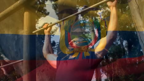 Animation-of-flag-go-ecuador-over-strong-muscular-man-doing-pull-ups