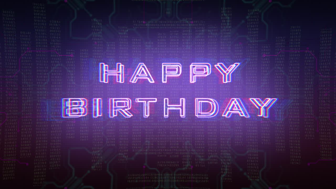 texto digital de feliz cumpleaños con matriz cyberpunk y elementos hud