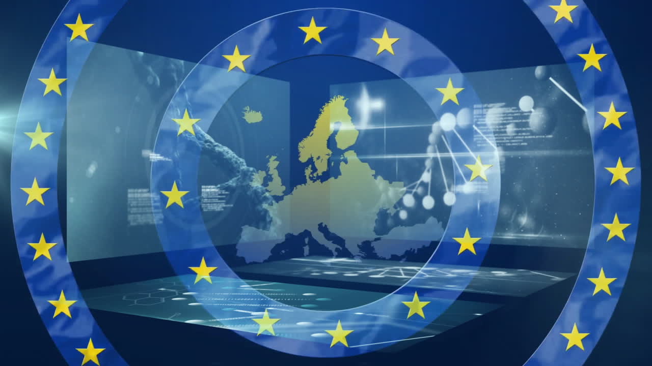 Digital map of Europe with scientific data overlay, European Union stars encircling