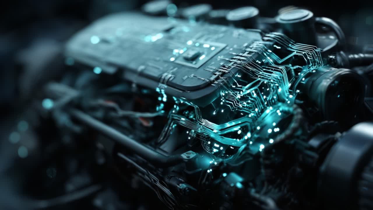 Advanced Technological Engine Close-Up: A Glimpse into a Futuristic System Merging Mechanics with High-Tech Circuitry
