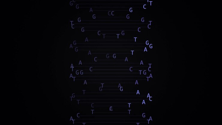 Blue genetic code characters fall vertically forming a rotating DNA double helix on black background